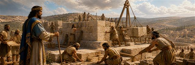 Solomon overseeing builders raising the first temple walls on Mount Moriah